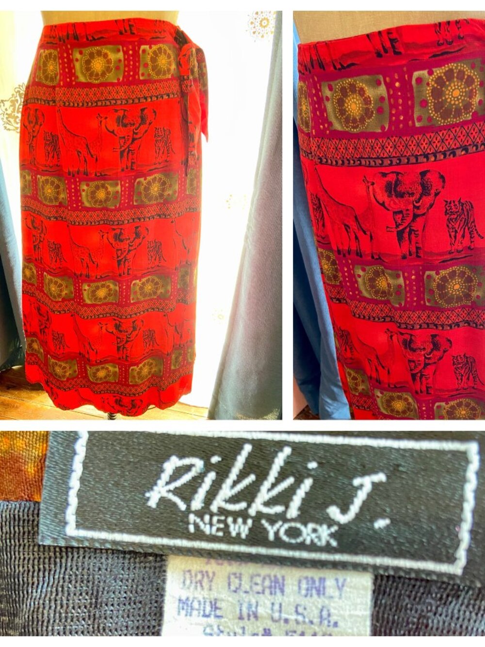 Vintage 90s RIKKI J NY Red Ethnic Elephant Tiger Giraffe Faux Wrap Skirt Boho 4